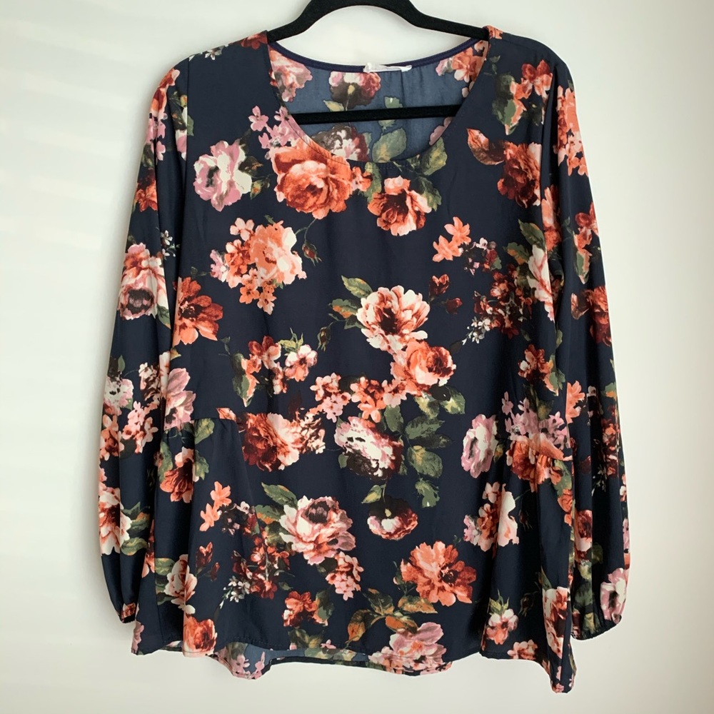Navy floral ruffle blouse